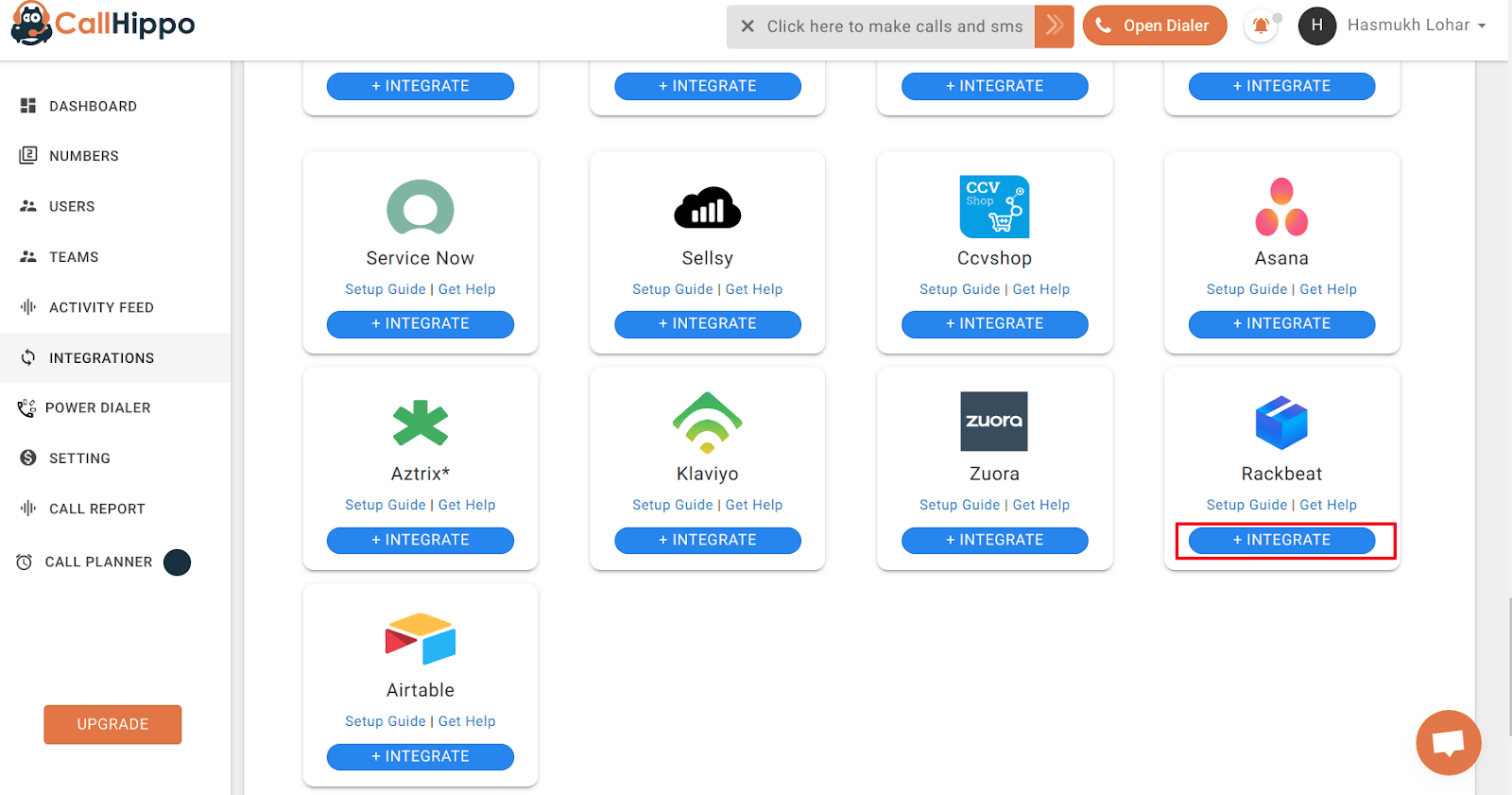 CallHippo Integrations grid with the Rackbeat Integrate button highlighted