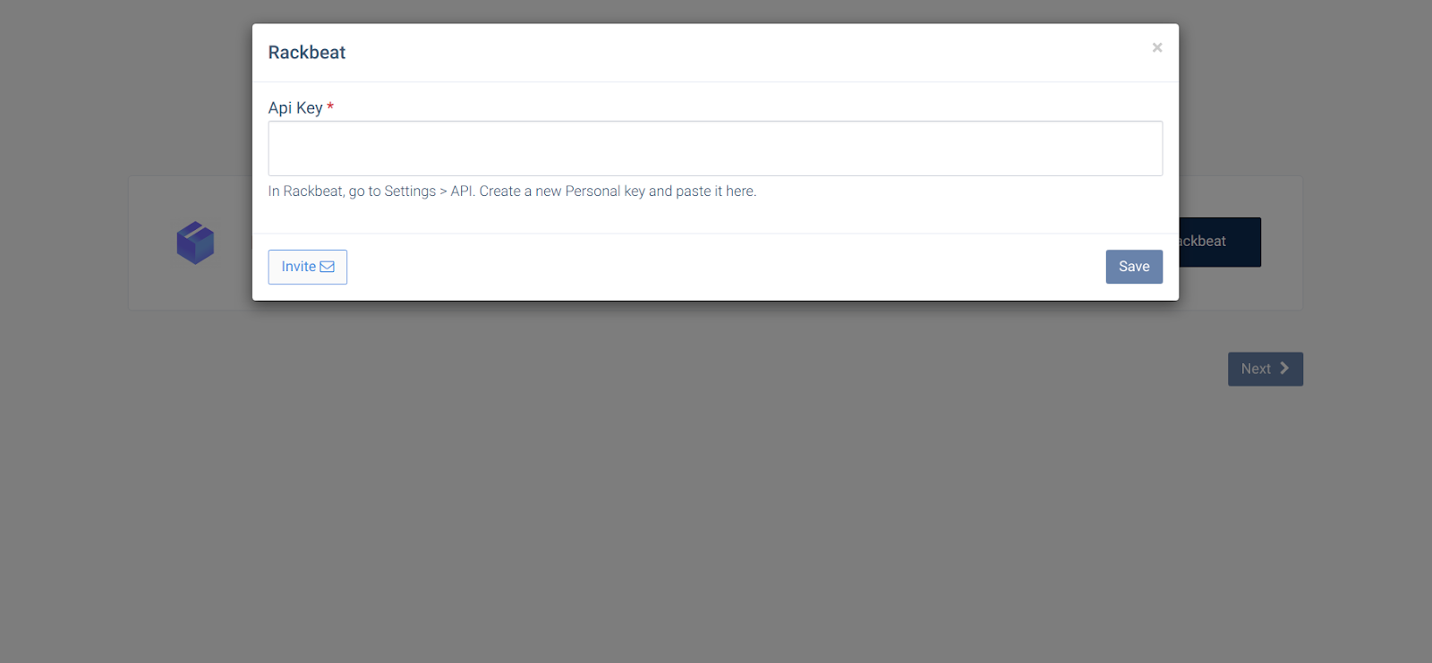 CallHippo Rackbeat popup with API Key field and Save button