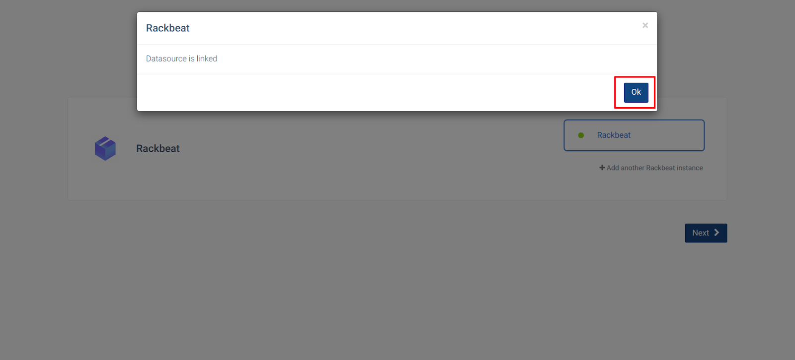CallHippo popup confirming the Rackbeat datasource is linked with an Ok button