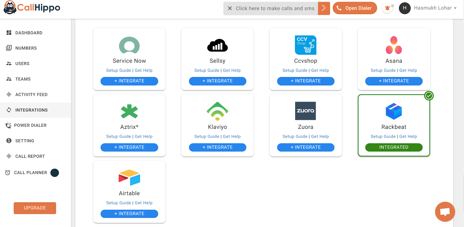 CallHippo Integrations grid showing Rackbeat with Integrated status