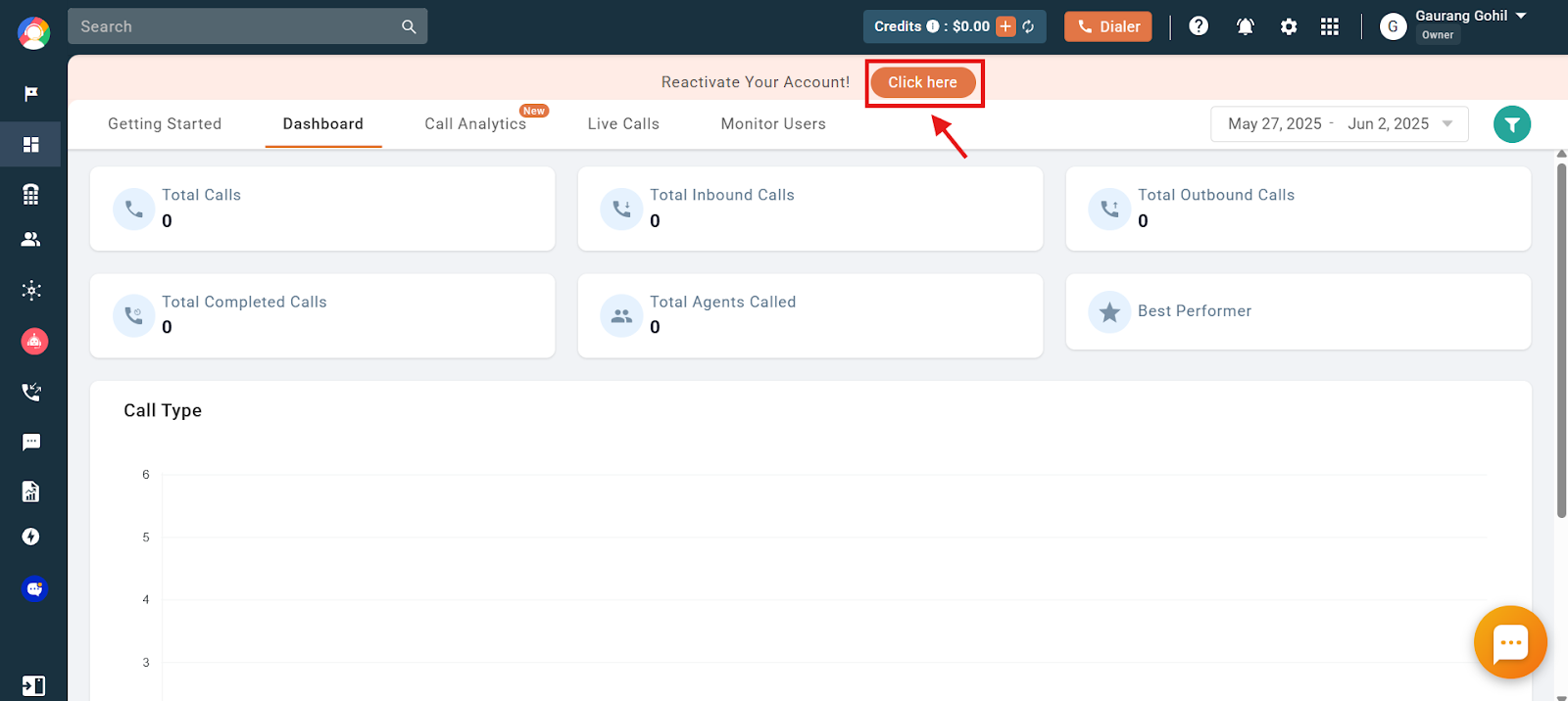 CallHippo dashboard showing the Reactivate Your Account banner with the Click here button highlighted