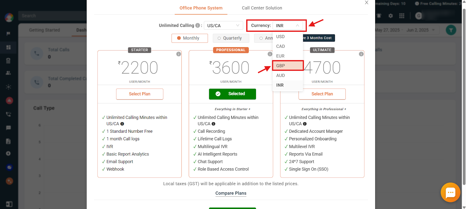 Currency dropdown open showing USD, CAD, EUR, GBP, AUD and INR options