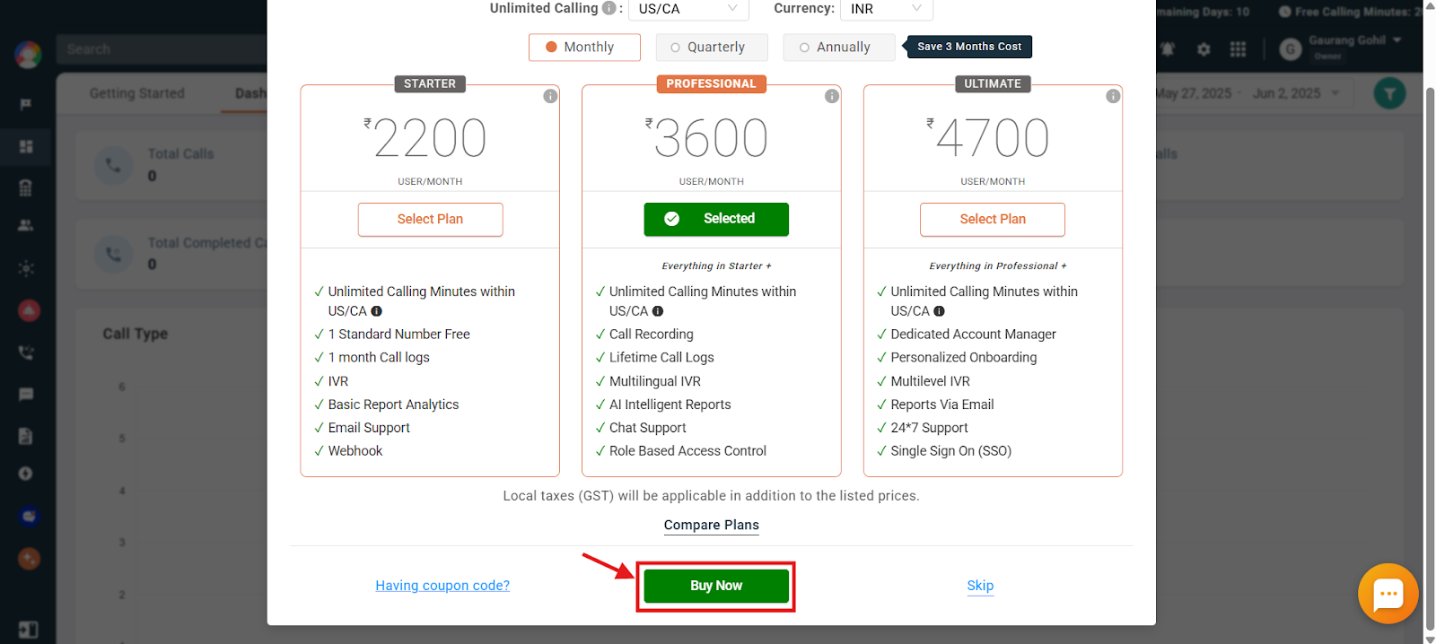 Plan selection screen with the green Buy Now button highlighted at the bottom
