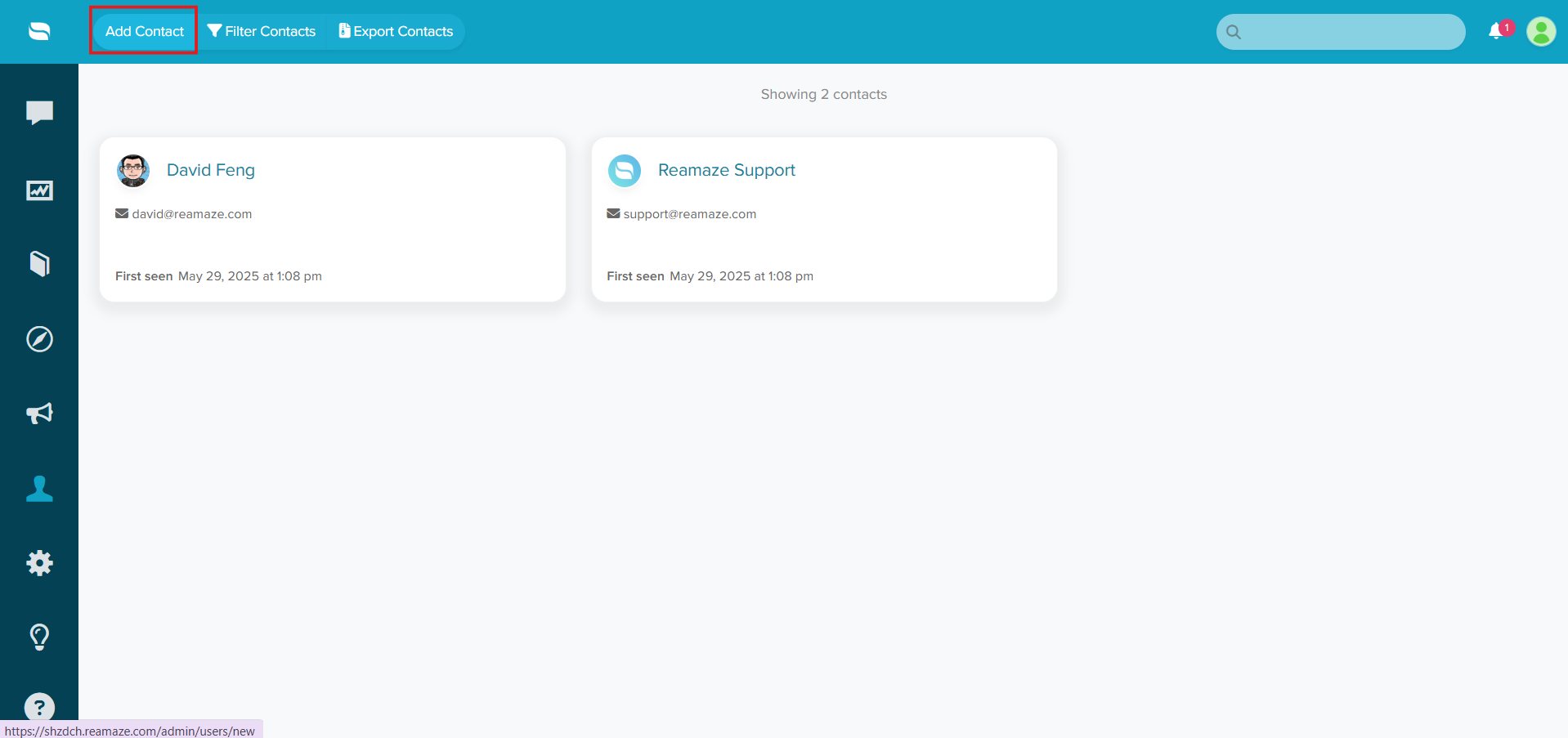 Add Contact button in the Re:amaze contacts page