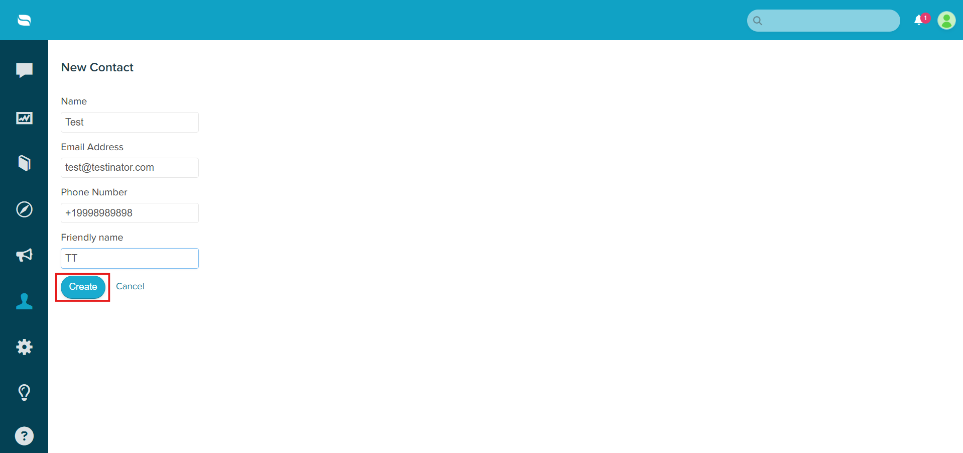 New Contact form in Re:amaze with name, email, phone and Create button
