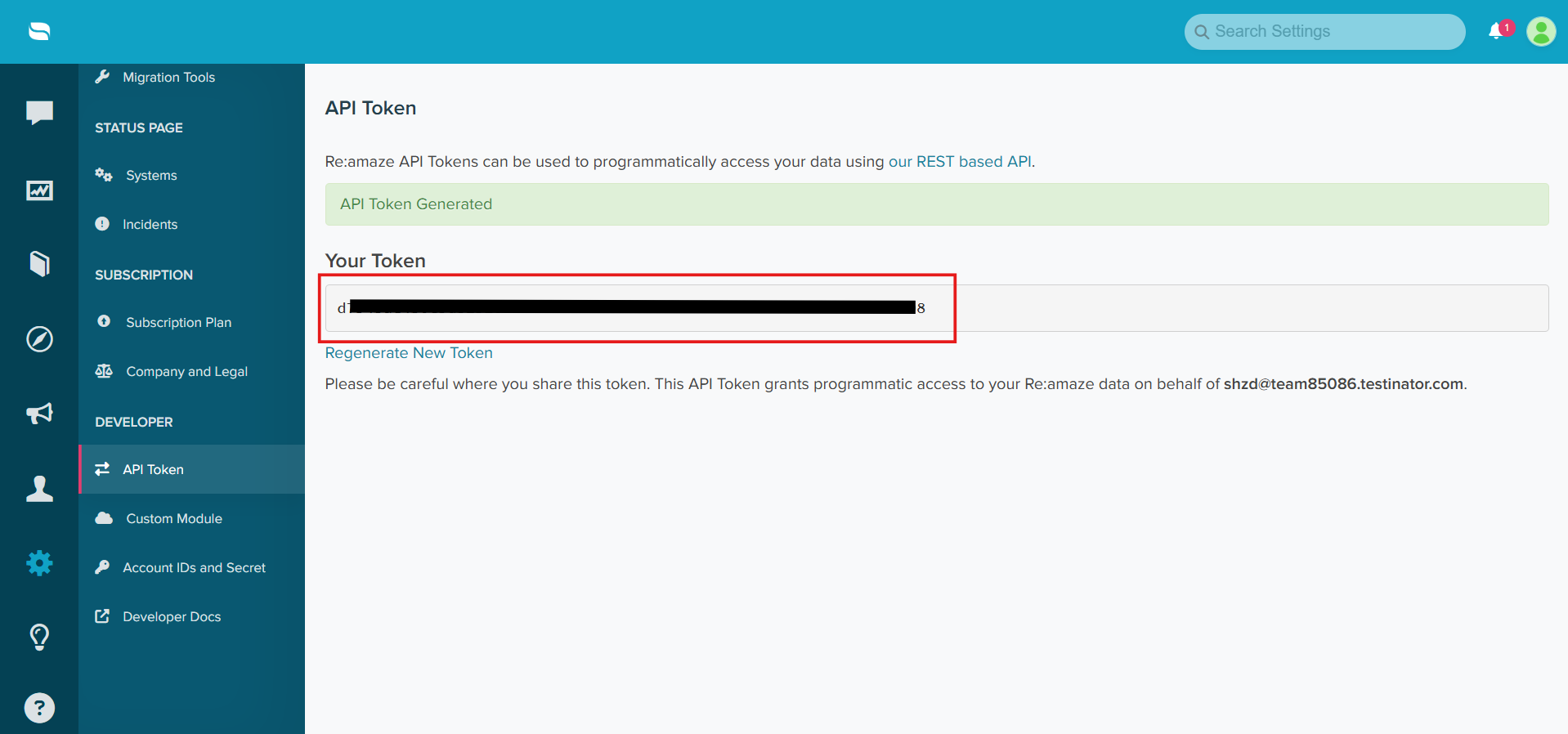 Generated Re:amaze API token displayed on the API Token page