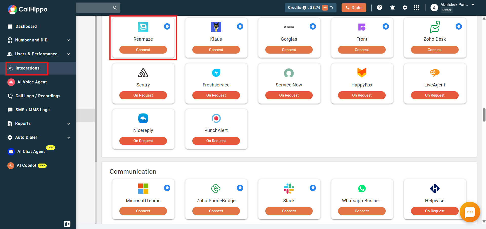 Reamaze integration card with Connect button in CallHippo Integrations