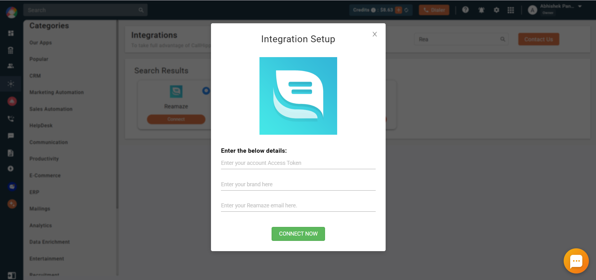 CallHippo Reamaze Integration Setup popup with token, brand and email fields