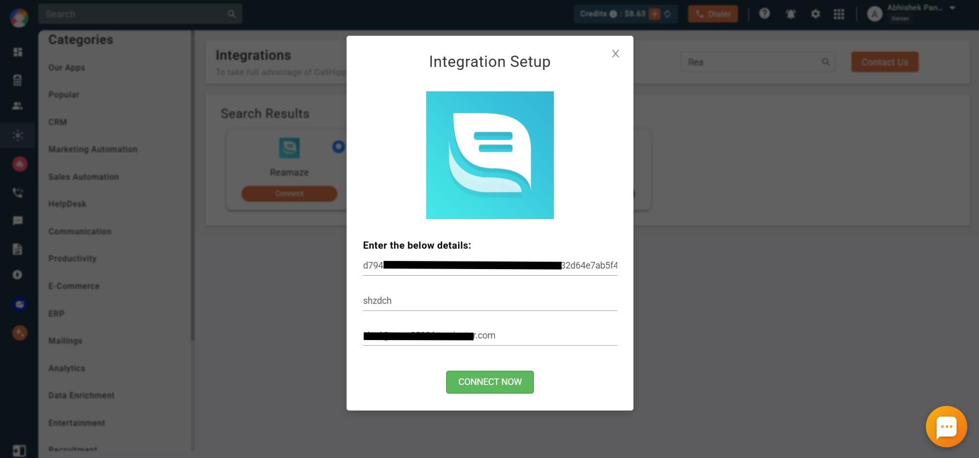 Reamaze Integration Setup popup with access token, brand and email filled in