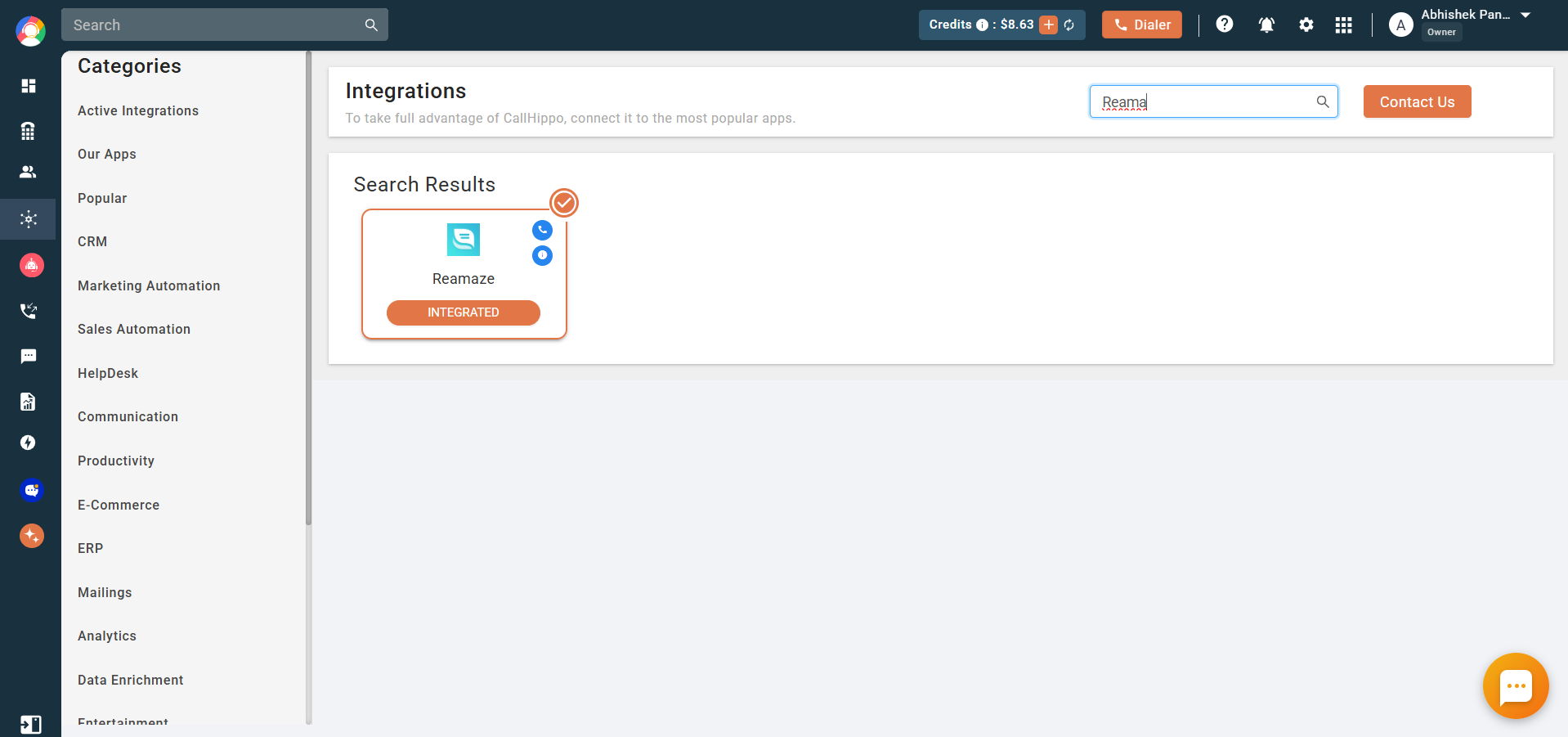 Reamaze card showing Integrated status in CallHippo