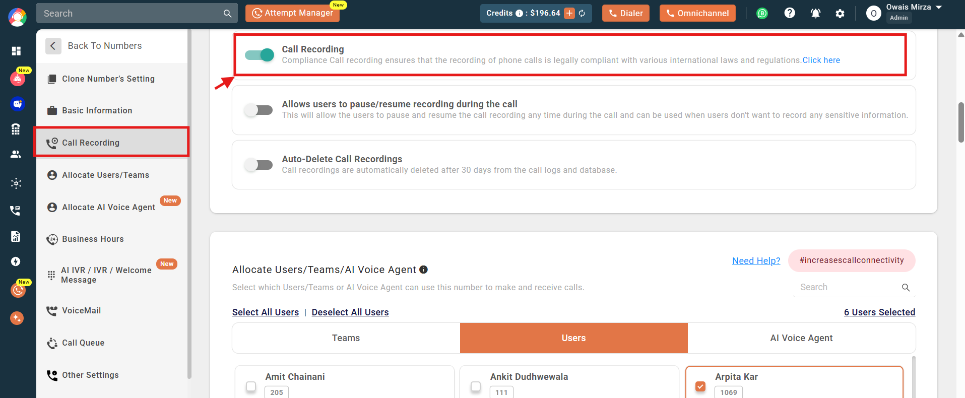 Number settings with the Call Recording section and toggle highlighted