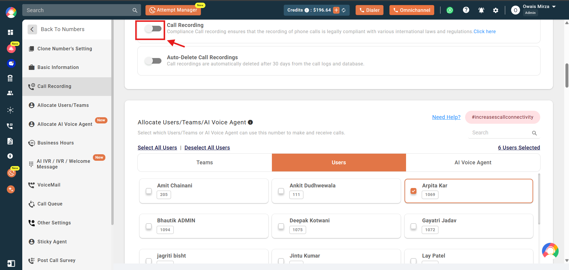 Call Recording toggle highlighted to enable recording for the number