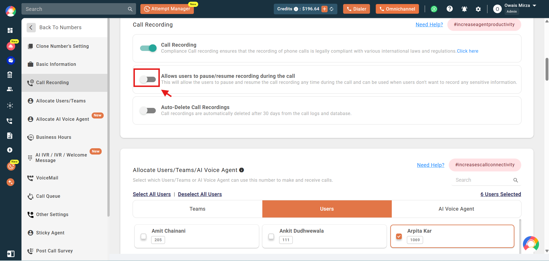 Allows users to pause resume recording during the call toggle highlighted