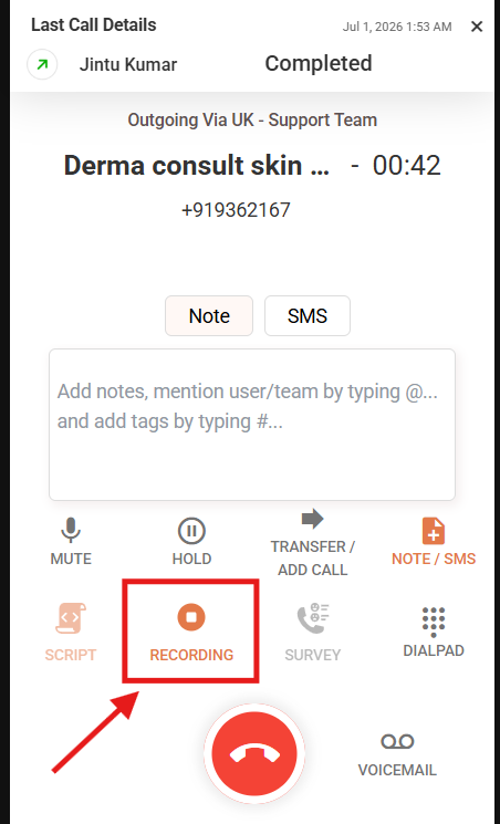 In-call dialer with the RECORDING button highlighted while recording is on