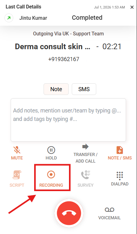 In-call dialer showing the recording button toggled off during an ongoing call