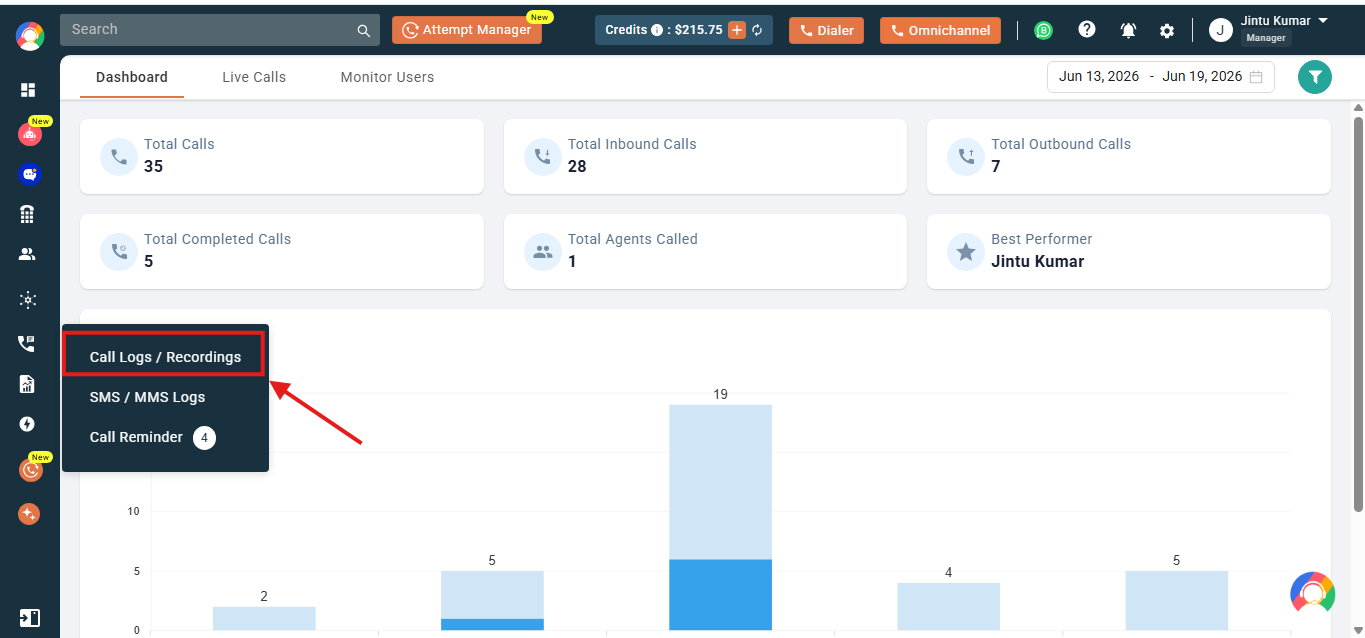 Dashboard menu with the Call Logs / Recordings option highlighted