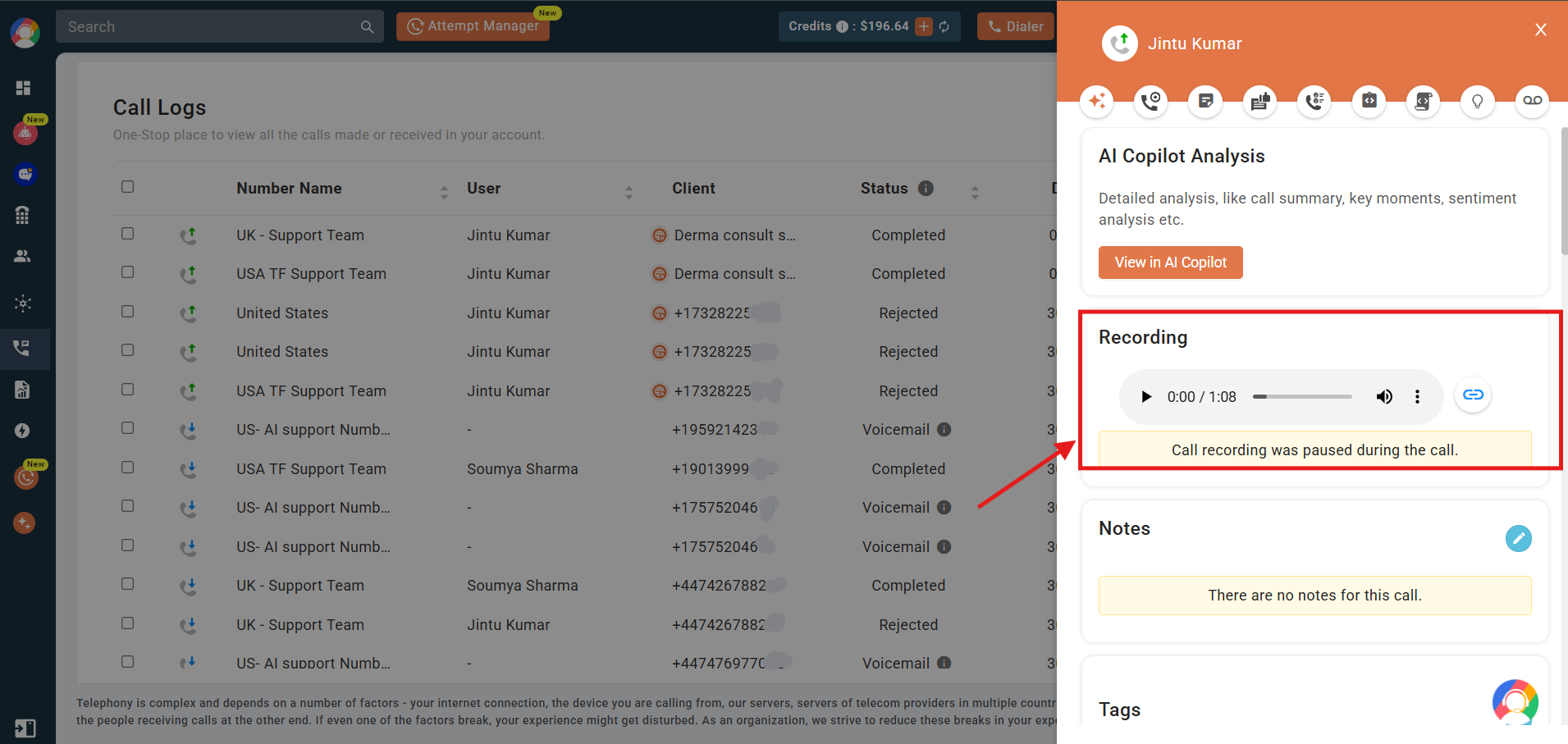 Call detail panel with the Recording player highlighted