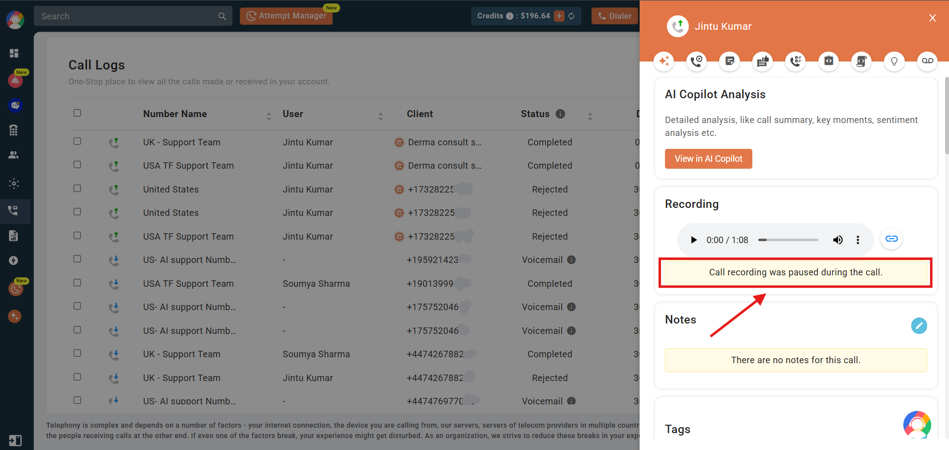 Call detail panel showing the note that call recording was paused during the call