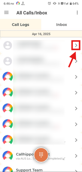 Mobile call list with the arrow icon beside a call highlighted