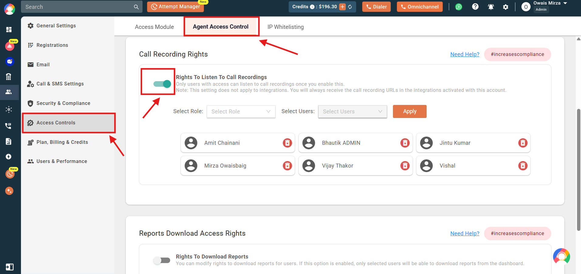 Agent Access Control with Access Controls and the Call Recording Rights toggle highlighted