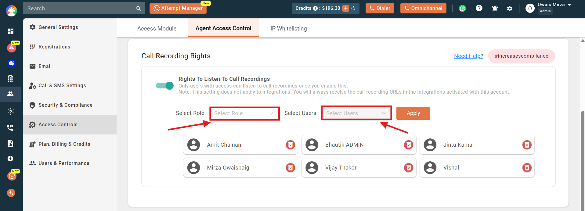 Select Role and Select Users dropdowns highlighted under Call Recording Rights