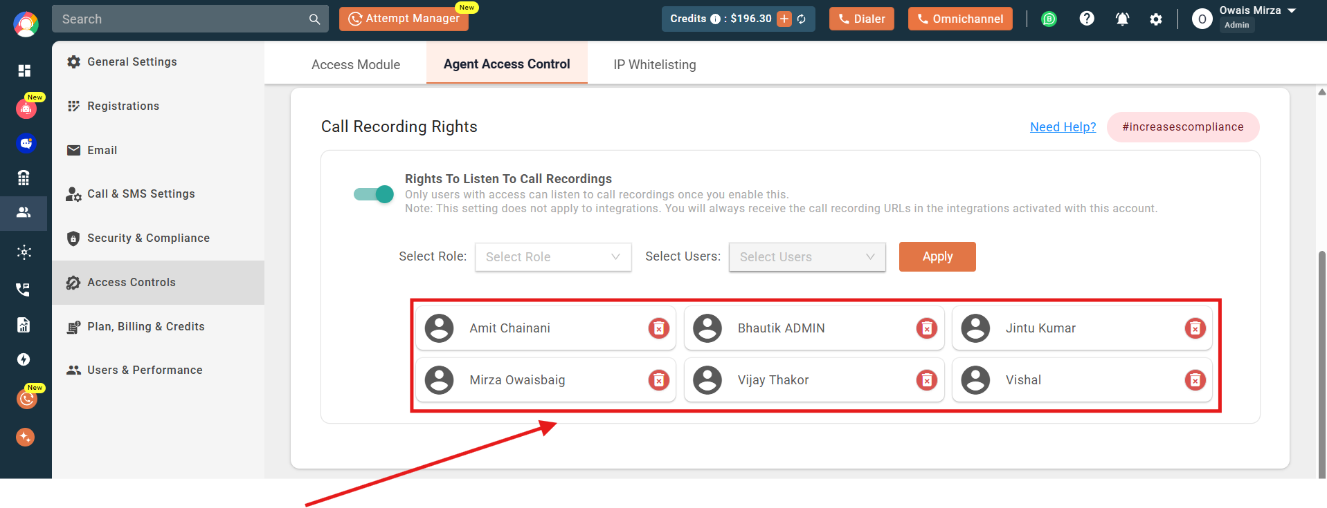 List of users granted call recording rights highlighted after applying