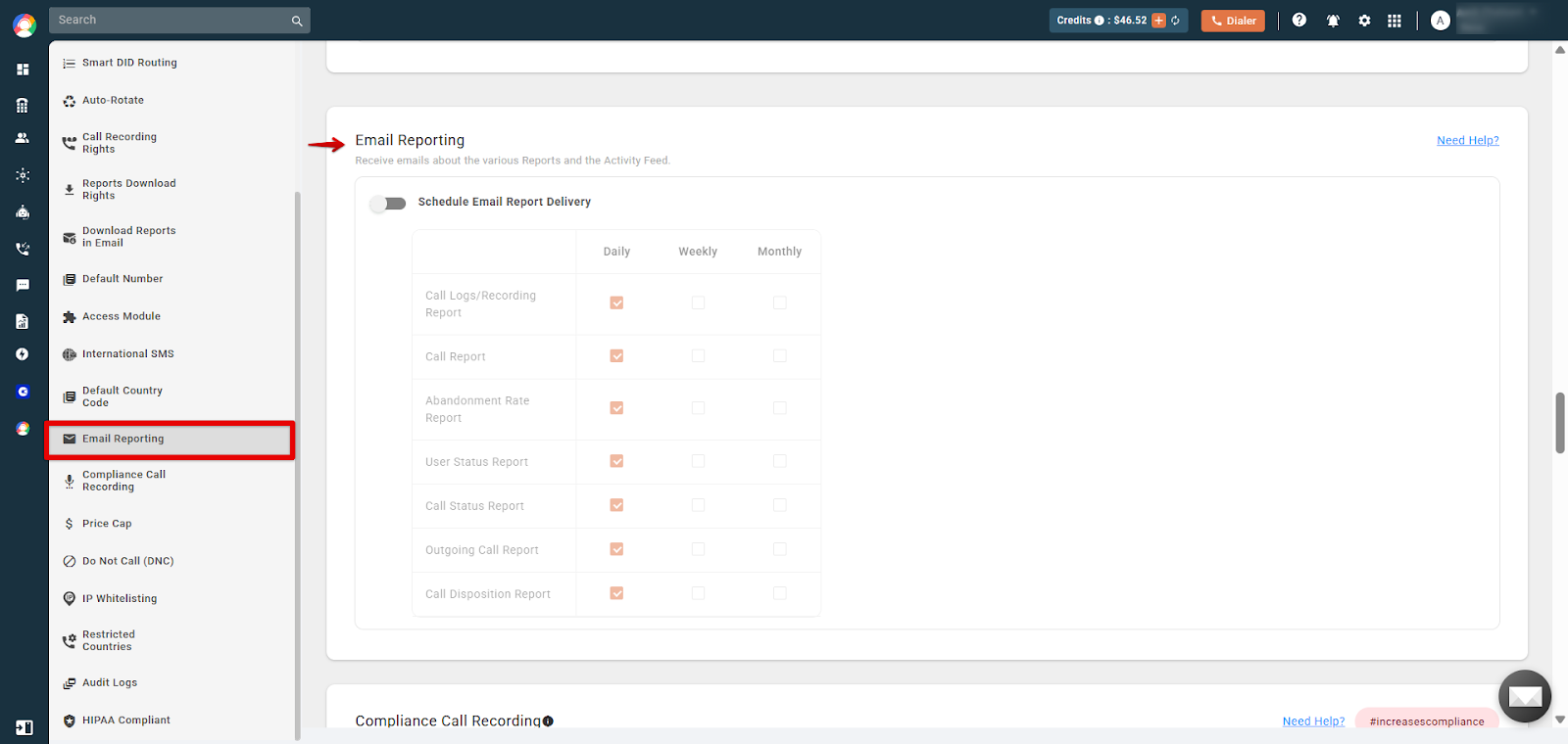 Email Reporting settings page with report delivery toggle and daily, weekly, monthly options in CallHippo