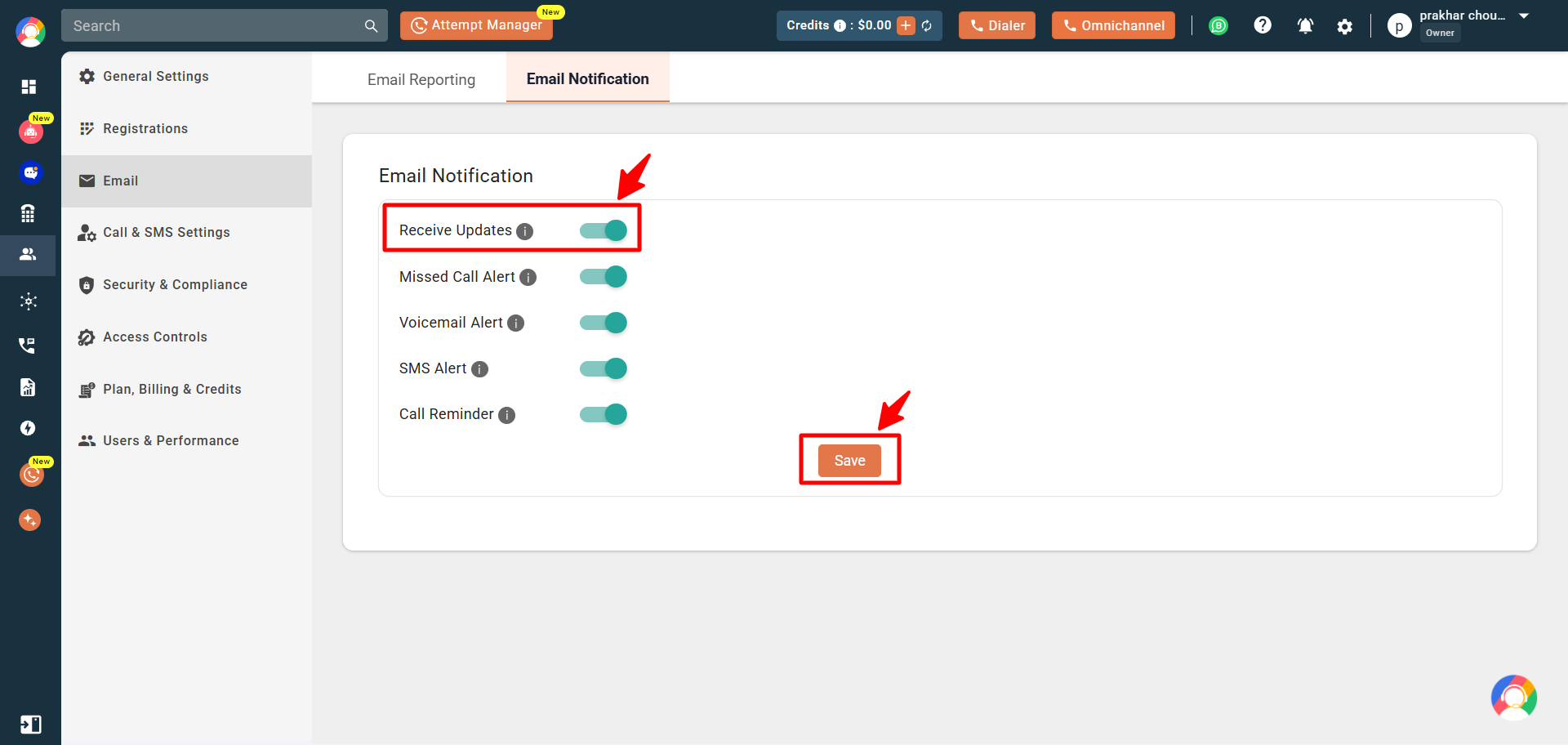 Receive Updates toggle enabled with the Save button highlighted
