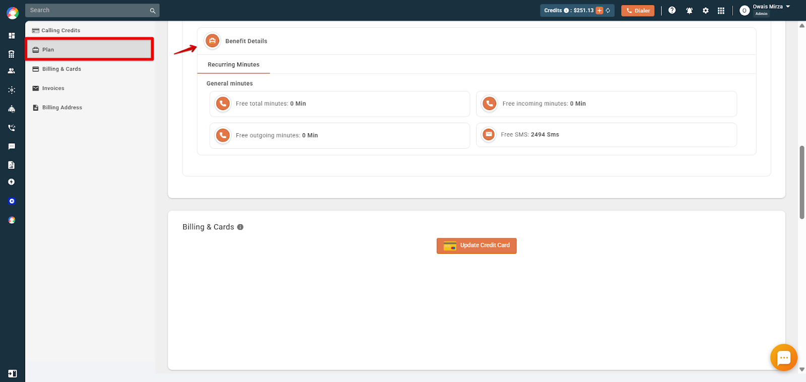 CallHippo dashboard Plan section with the Recurring Minutes tab and Benefit Details showing free total, incoming, outgoing minutes and free SMS