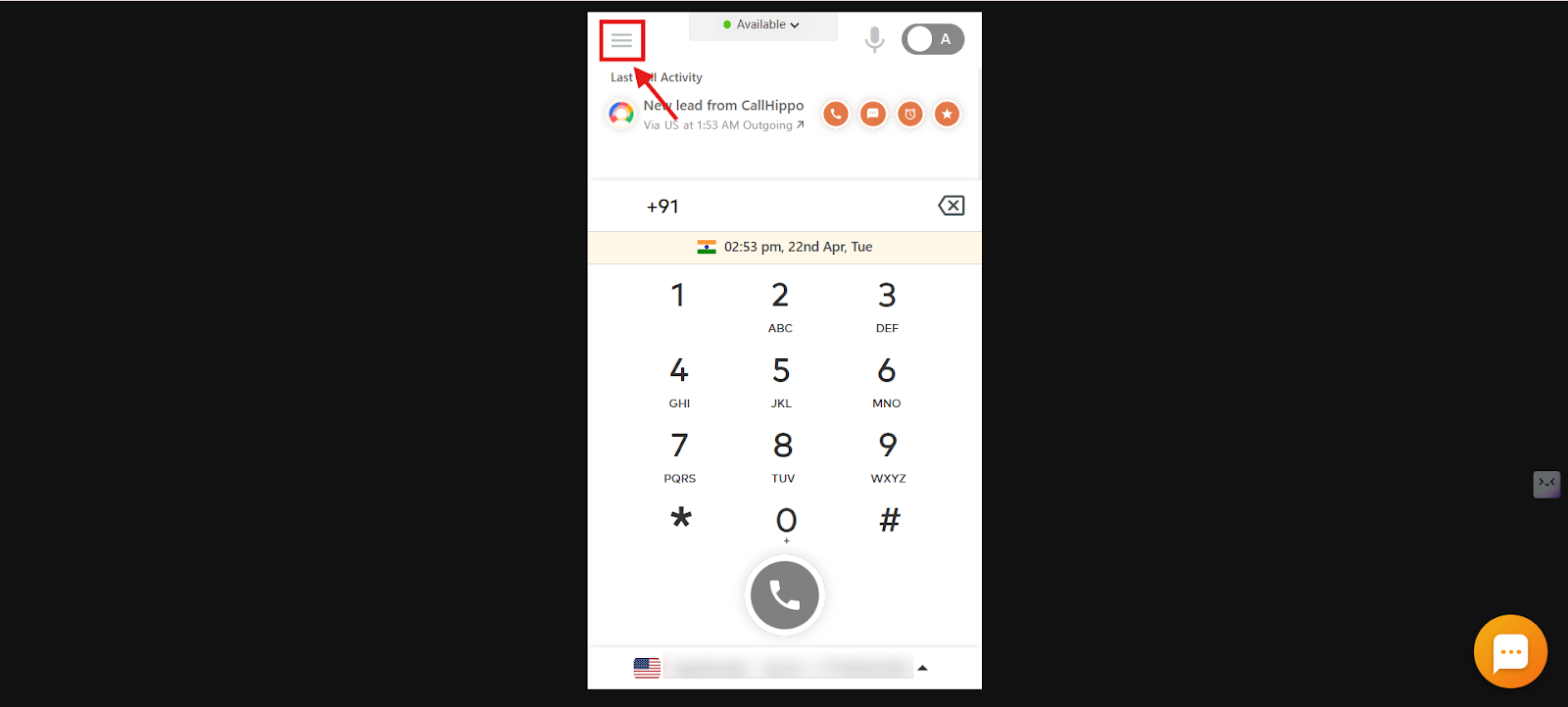 CallHippo web dialer with the main menu icon highlighted in the top-left corner