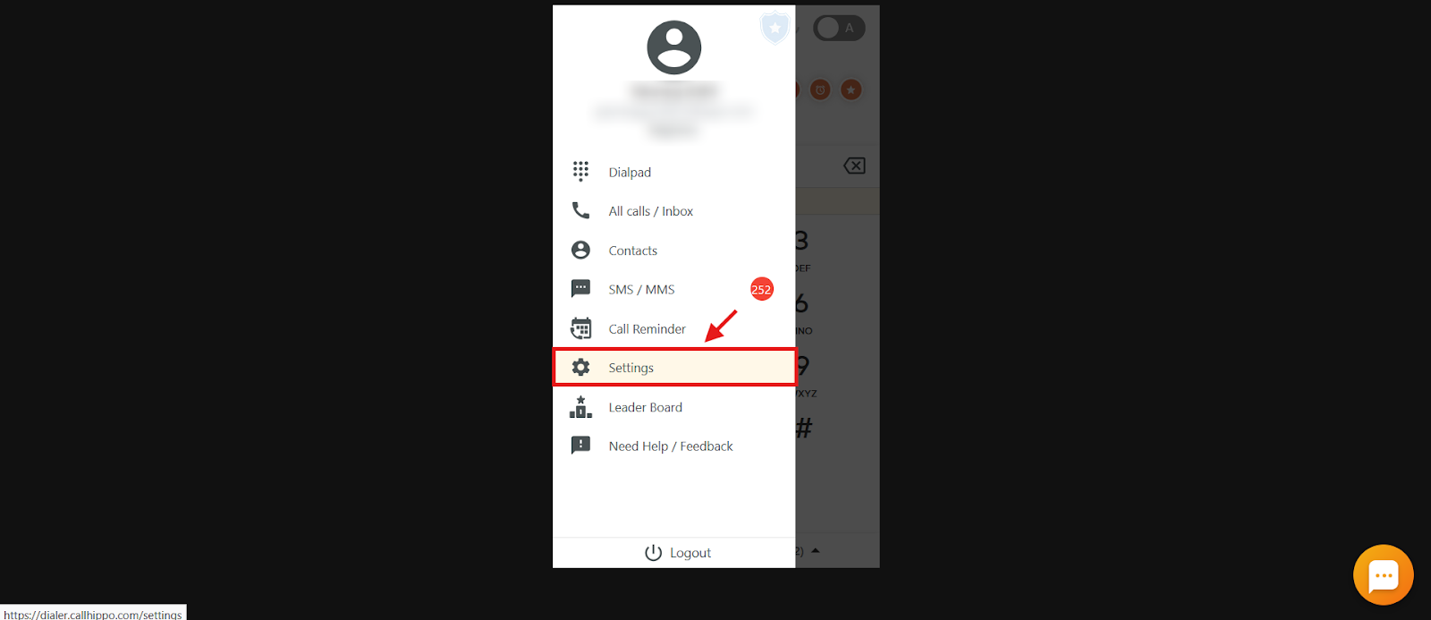 CallHippo dialer menu with the Settings option highlighted