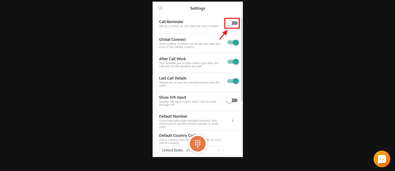 Settings screen with the Call Reminder toggle highlighted to enable the feature