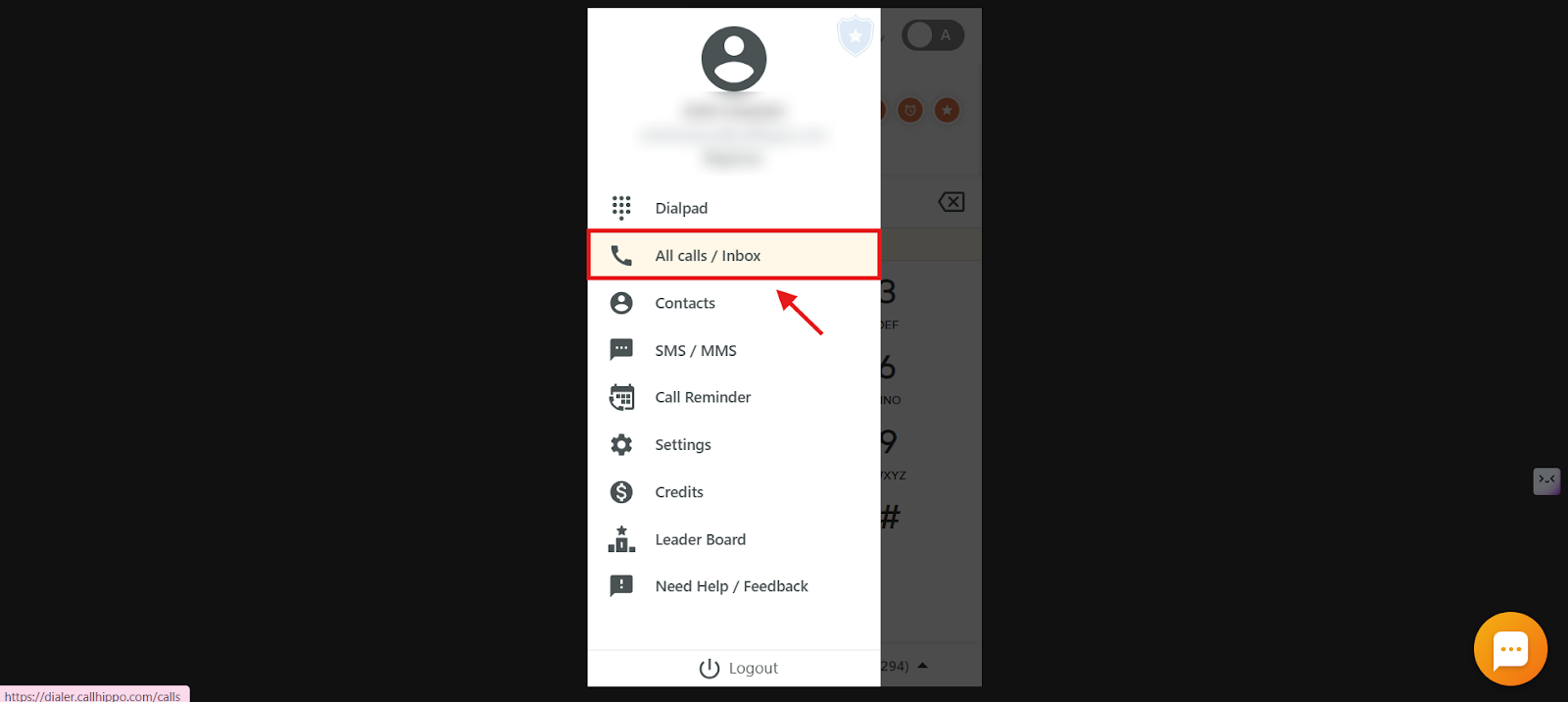 CallHippo dialer menu with the All calls / Inbox option highlighted