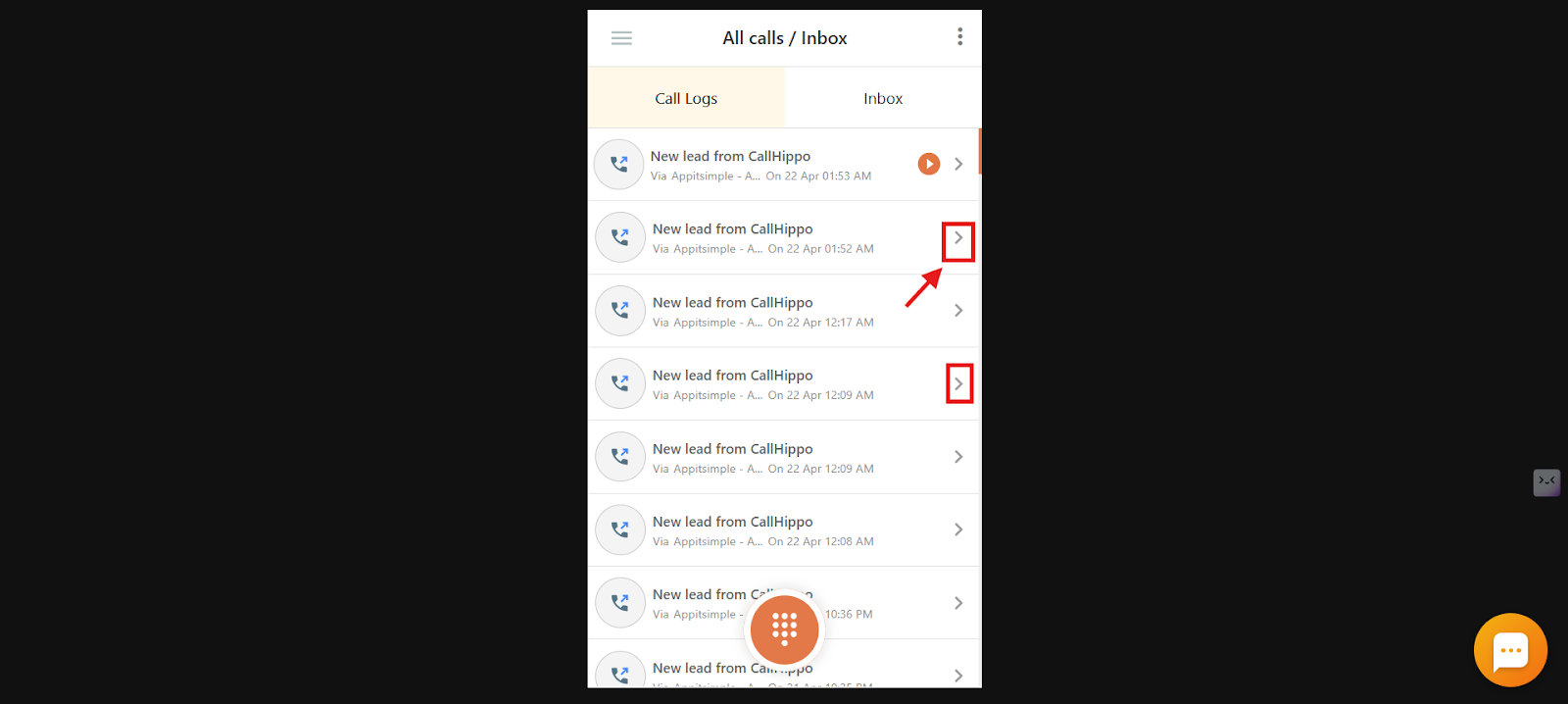 Call Logs list with the arrow icon on a call entry highlighted