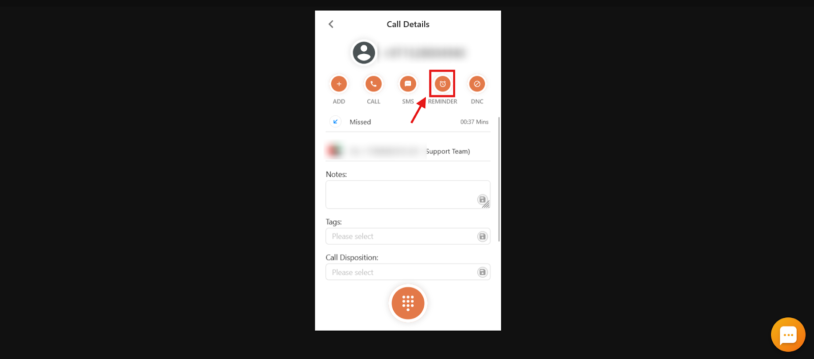 Call Details screen with the Reminder button highlighted