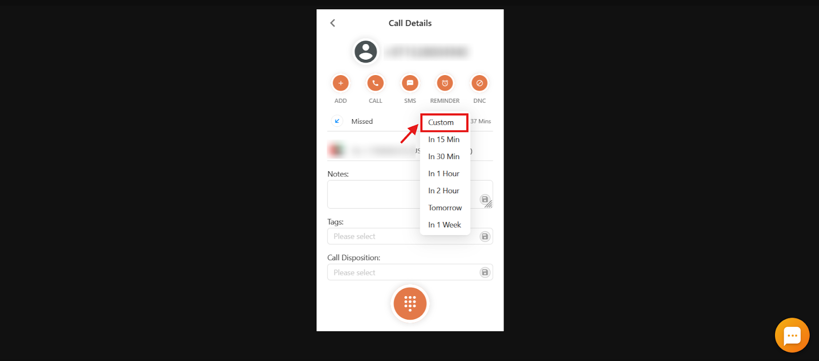 Reminder dropdown with the Custom option highlighted
