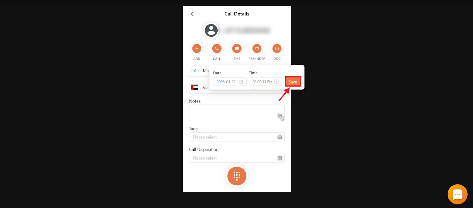 Custom reminder with date and time pickers and the Save button highlighted