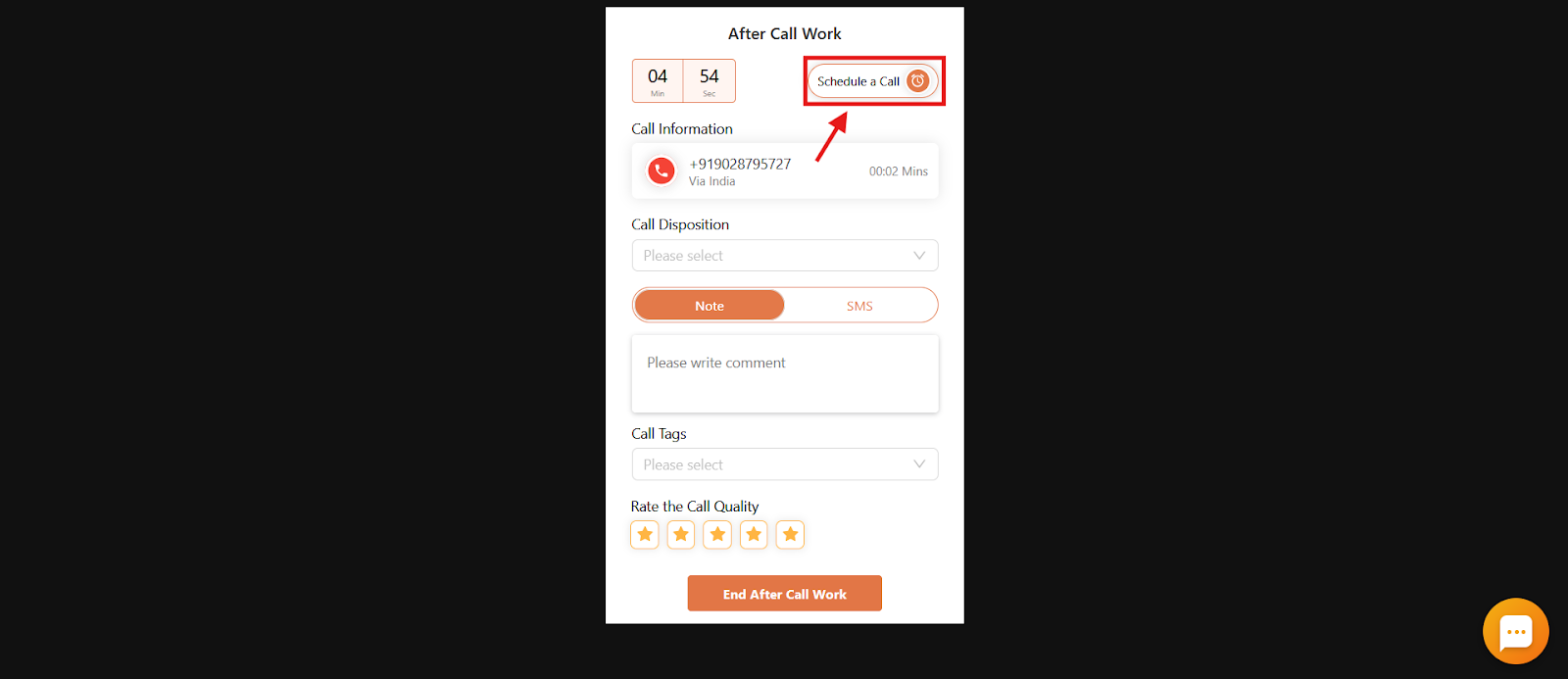 After Call Work screen with the Schedule a Call button highlighted