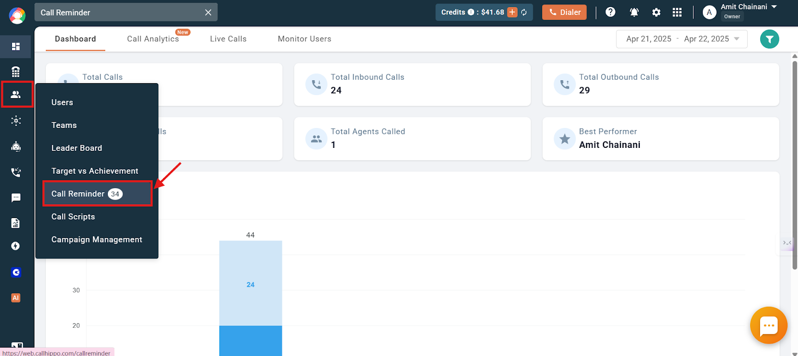 CallHippo dashboard Users and Performance menu with Call Reminder highlighted