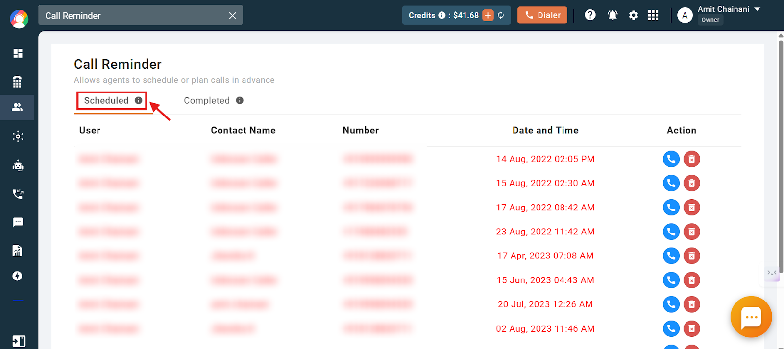 Call Reminder Scheduled tab listing upcoming reminders with overdue entries shown in red