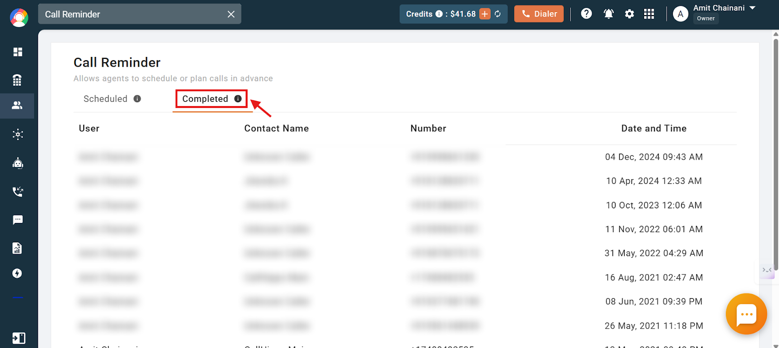 Call Reminder Completed tab listing calls completed after a reminder