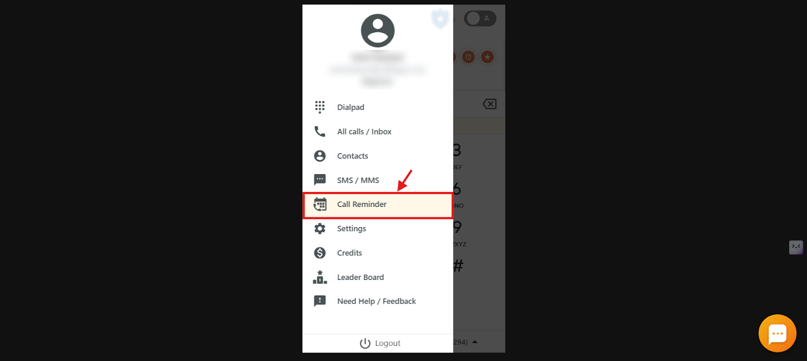 CallHippo dialer menu with the Call Reminder option highlighted