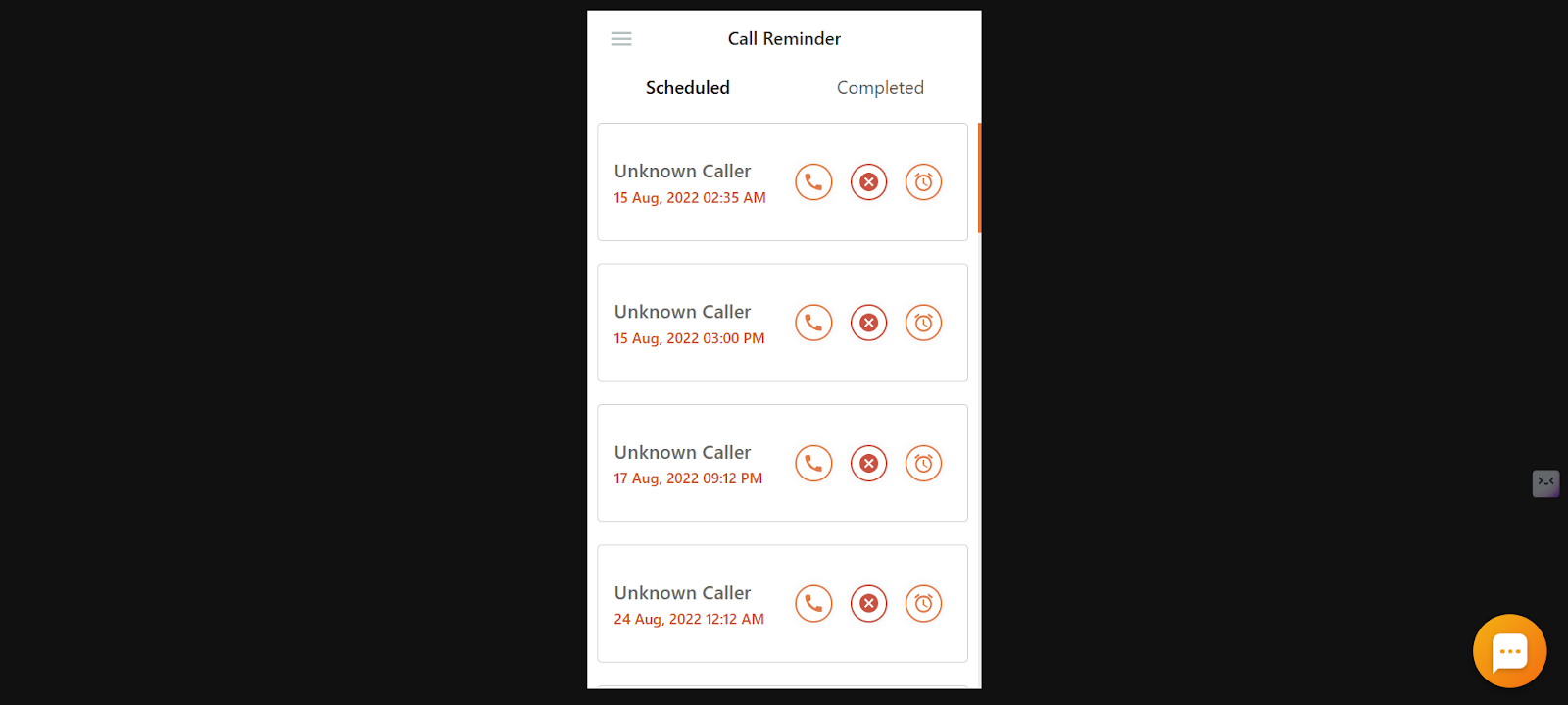 Dialer Call Reminder Scheduled tab with call, delete and reschedule actions