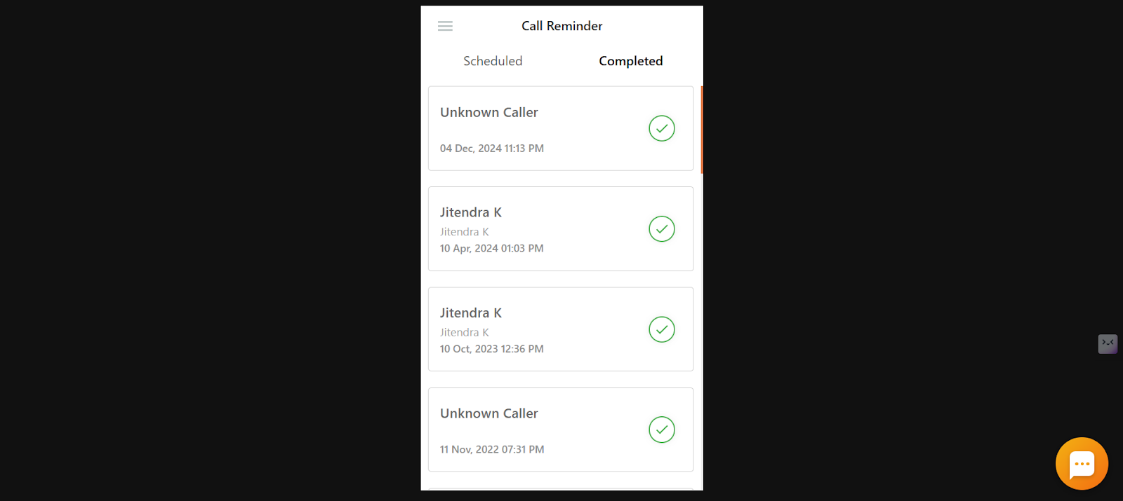 Dialer Call Reminder Completed tab showing calls made after a reminder