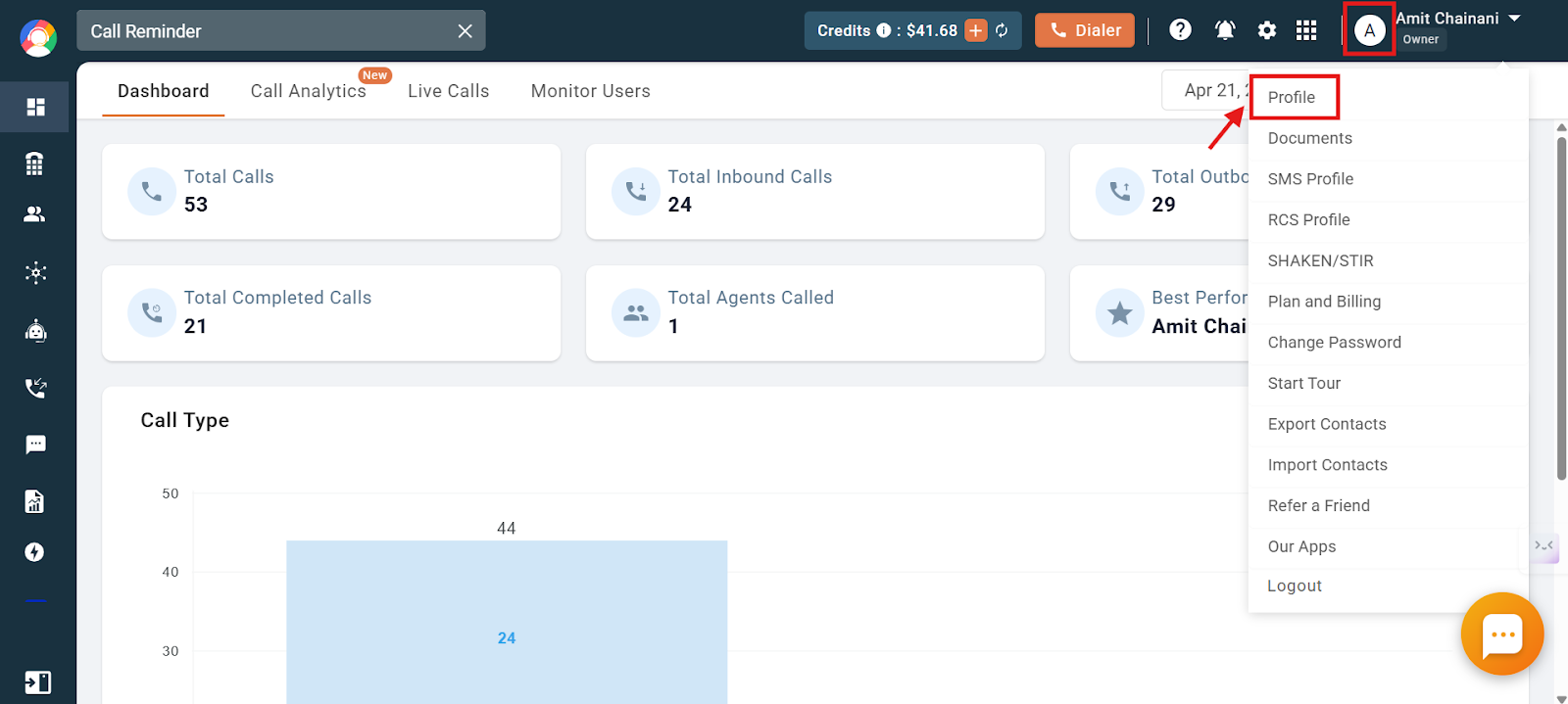 CallHippo dashboard account menu with the Profile option highlighted