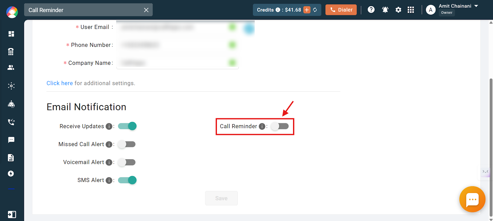 Email Notification settings with the Call Reminder toggle highlighted