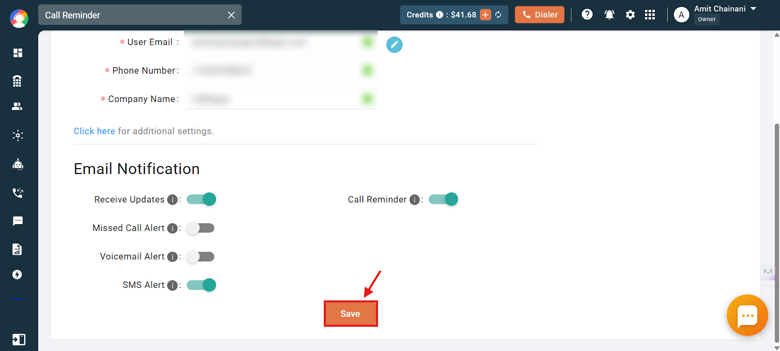 Email Notification settings with Call Reminder enabled and the Save button highlighted