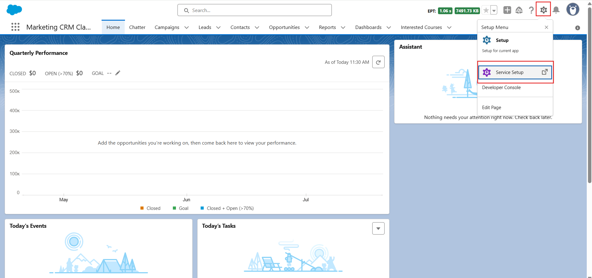 Salesforce setup icon with Service Setup selected