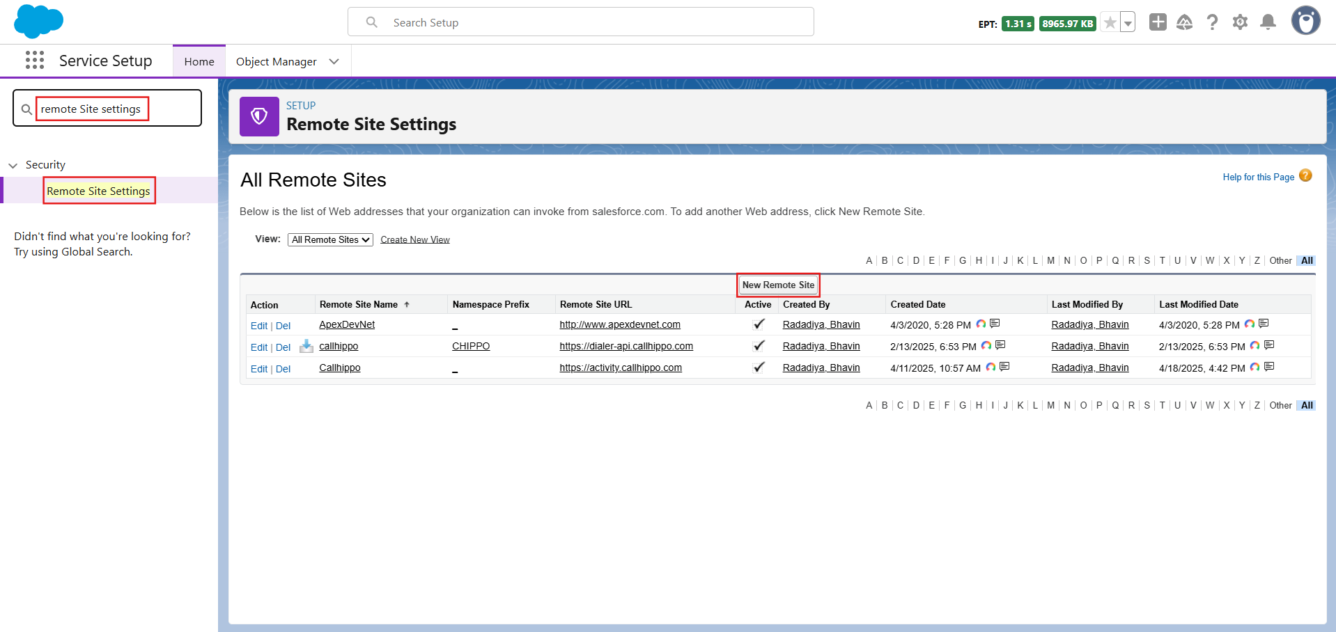 Searching Remote Site Settings and clicking New Remote Site in Salesforce