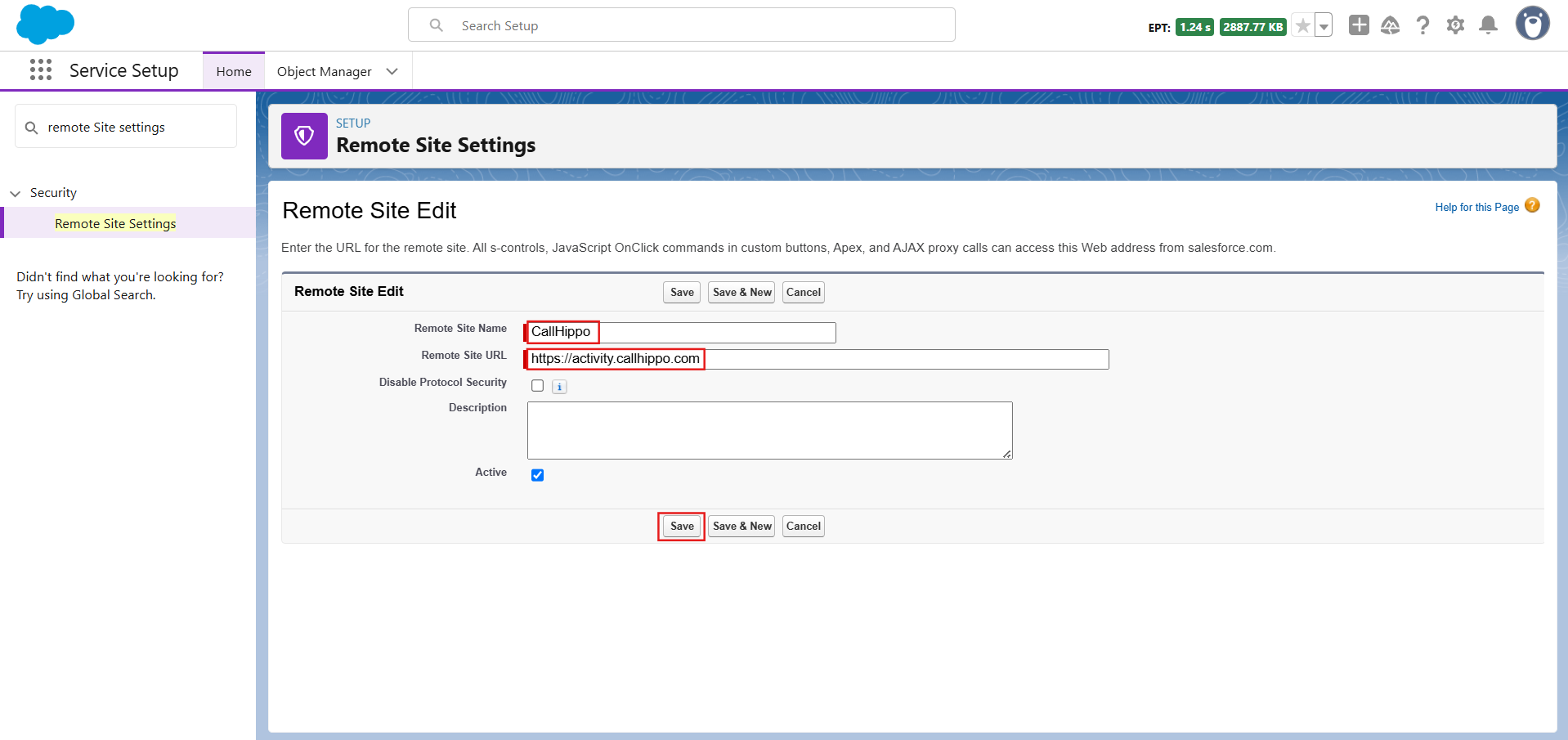 Remote Site Edit page with CallHippo activity URL and Active checkbox enabled